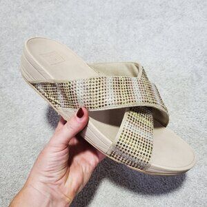 FITFLOP Slip-On Sequin Strobe Slide Sandals Stretch Beach Gold Silver Women's 11